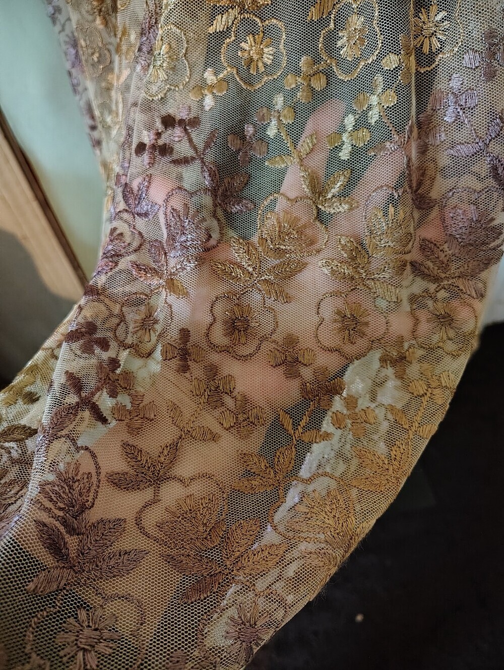 Wednesday's Child Mauve Gold Embroidery Floral Lace Dress Large Boho Vintage - Picture 6 of 16
